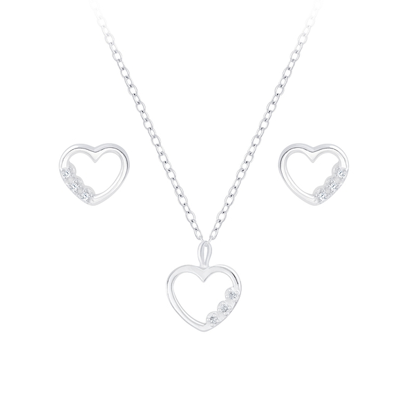 Silver Heart Necklace and Stud Earrings Set - 7735 Silver Heart Necklace and Stud Earrings Set - 7735
