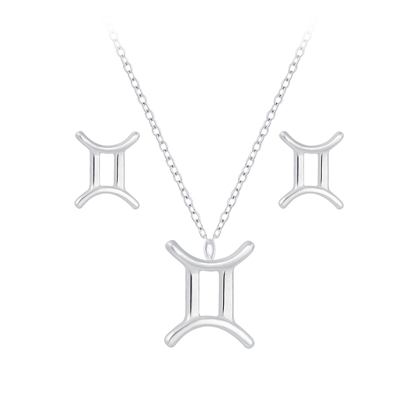 Silver Gemini Zodiac Sign Necklace and Stud Earrings Set - 7745 Silver Gemini Zodiac Sign Necklace and Stud Earrings Set - 7745