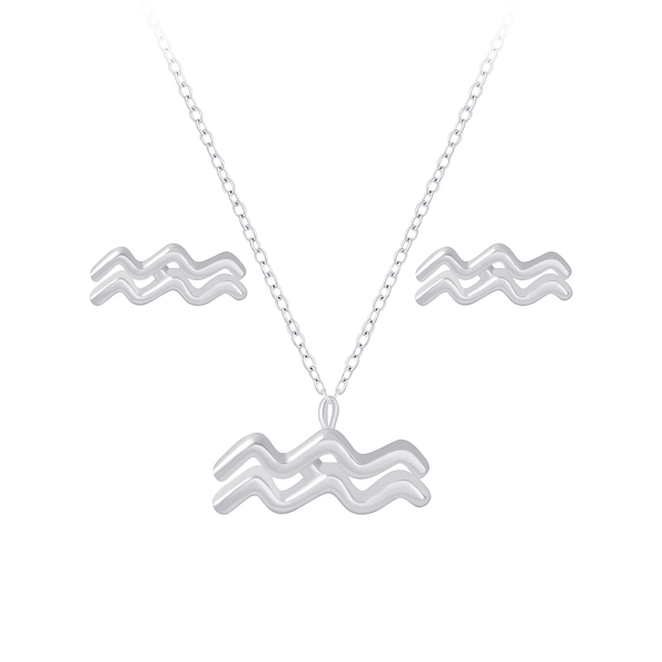 Silver Aquarius Zodiac Sign Necklace and Stud Earrings Set - 7749