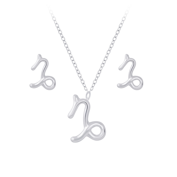 Silver Capricorn Zodiac Sign Necklace and Stud Earrings Set - 7750