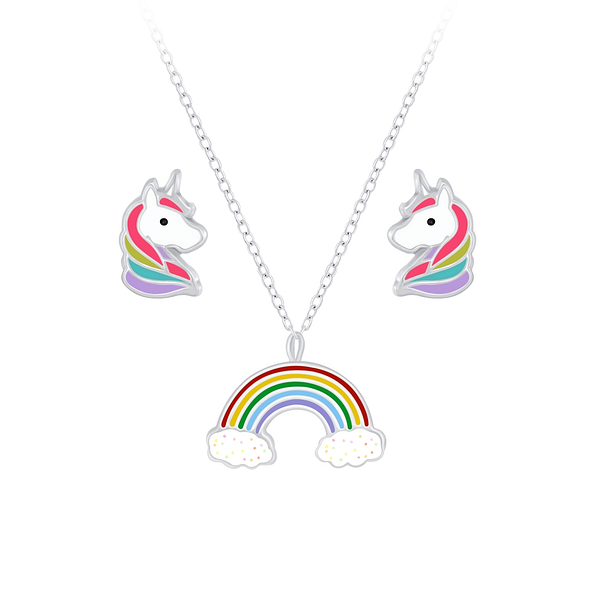 Silver Rainbow Necklace and Unicorn Stud Earrings Set - 7656