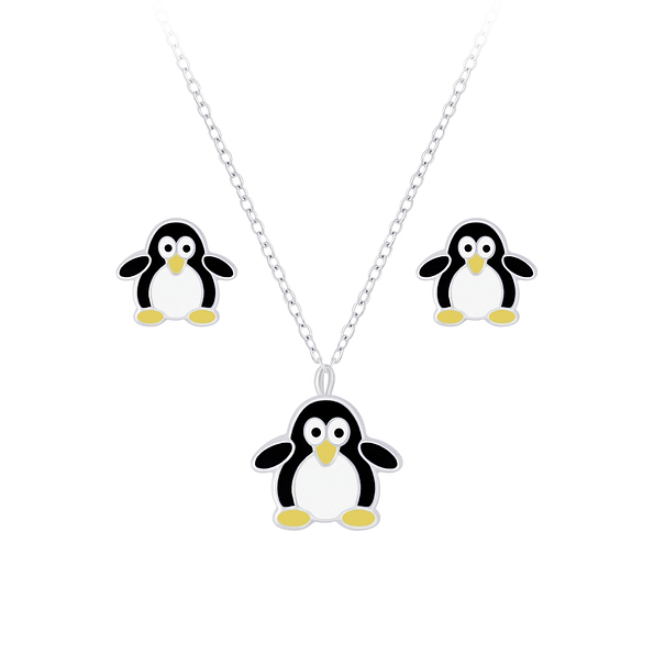 Silver Penguin Necklace and Stud Earrings Set - 7658