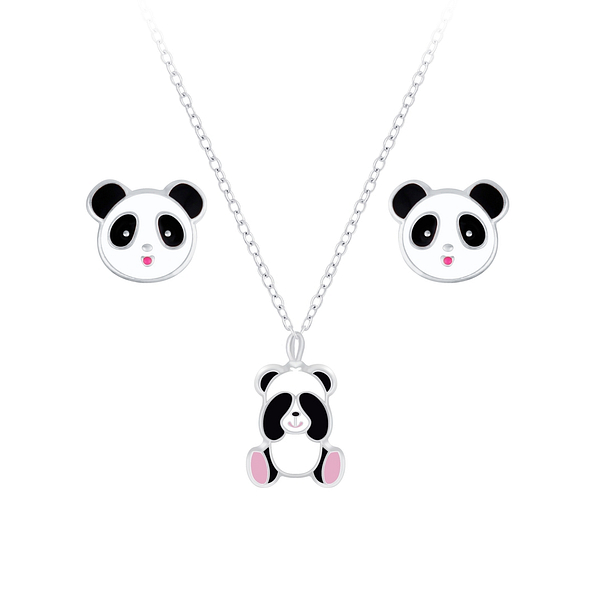 Silver Panda Necklace and Stud Earrings Set - 7659