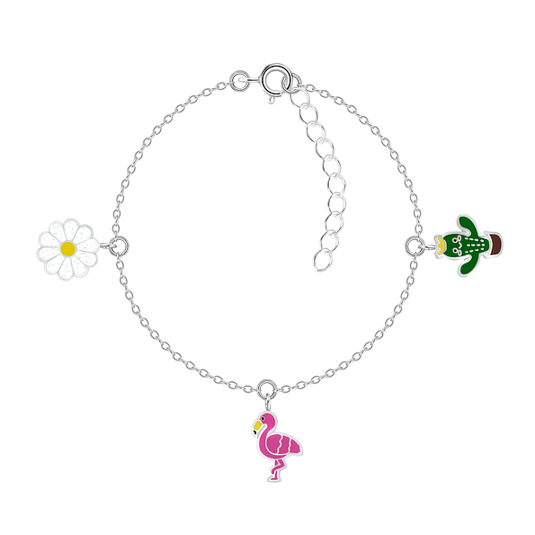 Silver Flower Flamingo and Cactus Bracelet - 7933