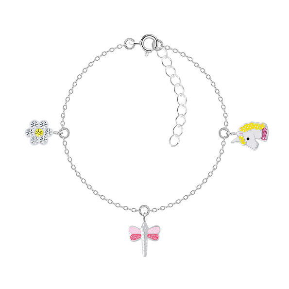 Silver Flower Dragonfly and Unicorn Bracelet - 7925