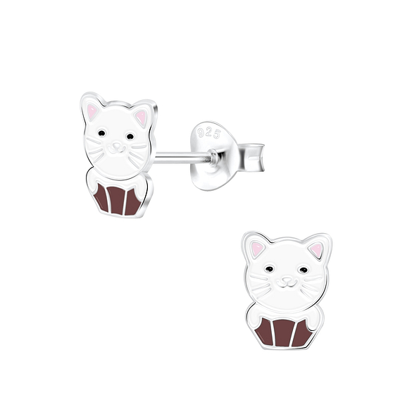 Silver Cat Stud Earrings - 6804