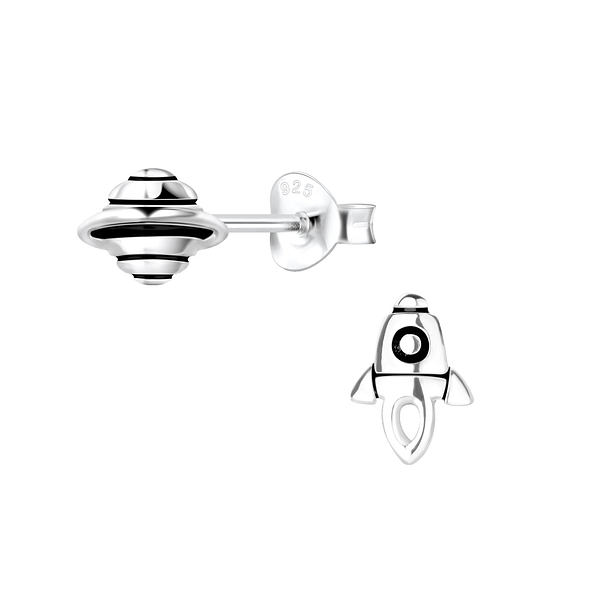 Silver Rocket and Saturn Stud Earrings - 4948