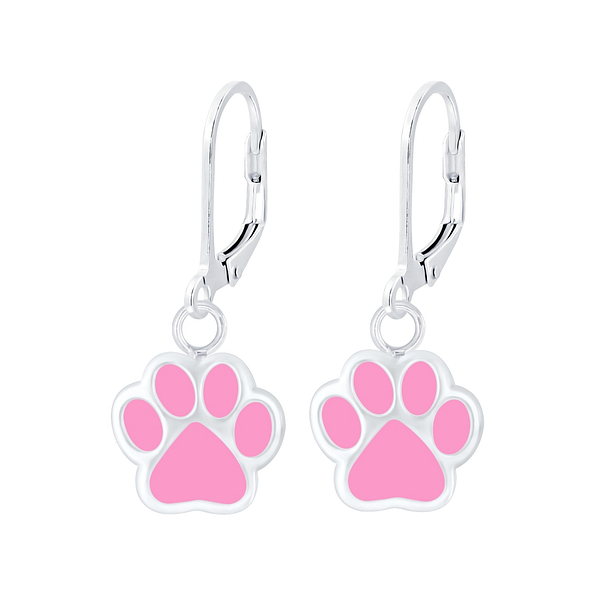 Silver Paw Print Lever Back Earrings - 7963