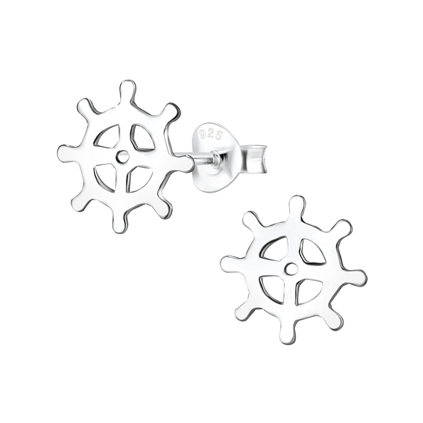 Silver Ship Wheel Stud Earrings - 8086
