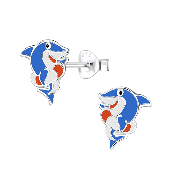 Silver Shark Stud Earrings - 8013