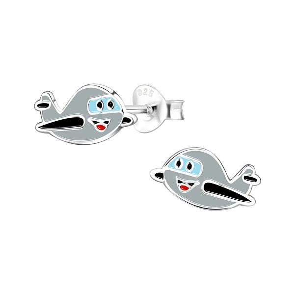 Silver Airplane Stud Earrings - 8024