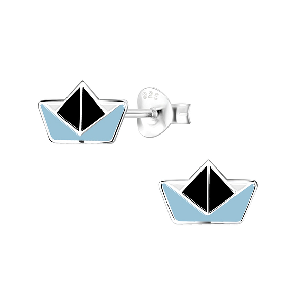 Silver Origami Boat Stud Earrings - 8029