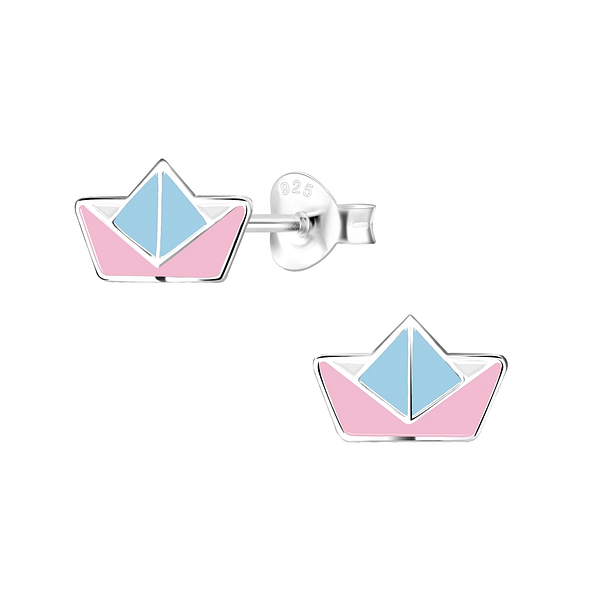 Silver Origami Boat Stud Earrings - 8028