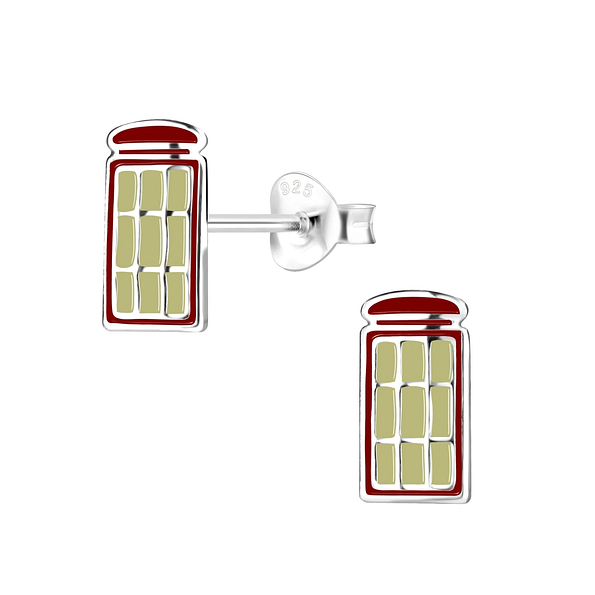 Silver Red Telephone Box Stud Earrings - 8082