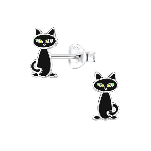 Silver Cat Stud Earrings - 8256