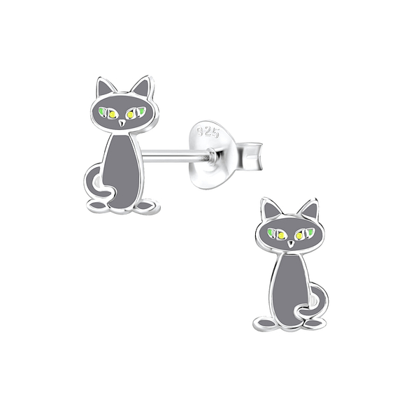 Silver Cat Stud Earrings - 8257