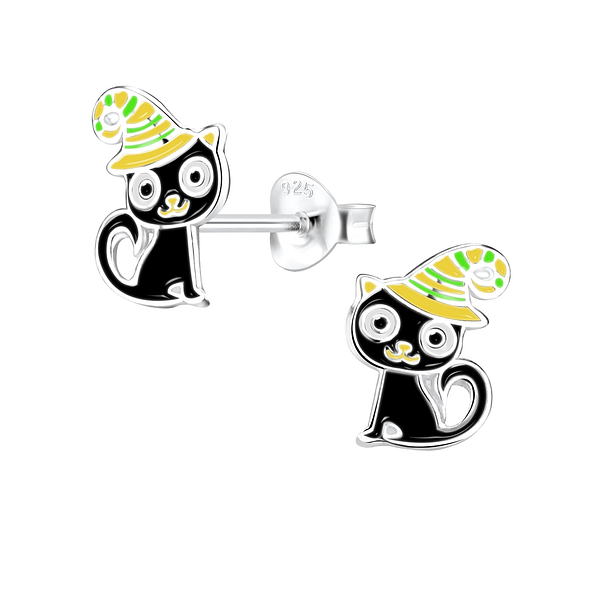 Silver Cat Stud Earrings - 8259