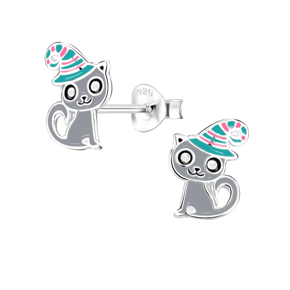 Silver Cat Stud Earrings - 8260
