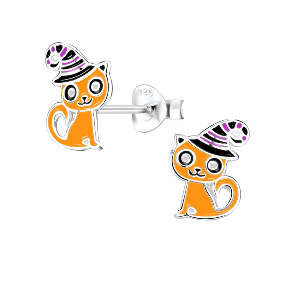 Silver Cat Stud Earrings - 8261