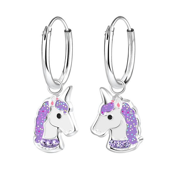 Silver Unicorn Charm Hoop Earrings - 8264 Silver Unicorn Charm Hoop Earrings - 8264