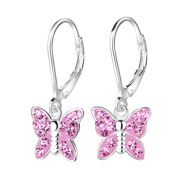 Silver Butterfly Crystal Lever Back Earrings - 8164