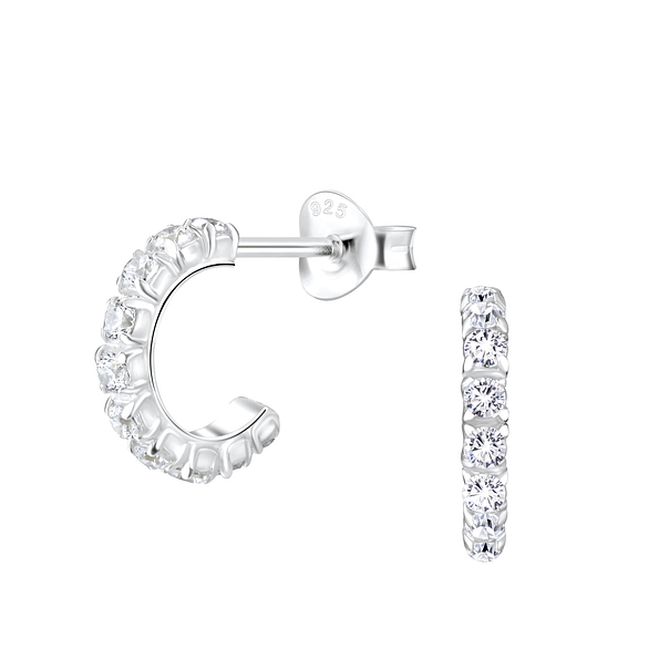 Silver Half Hoop Stud Earrings - 8336