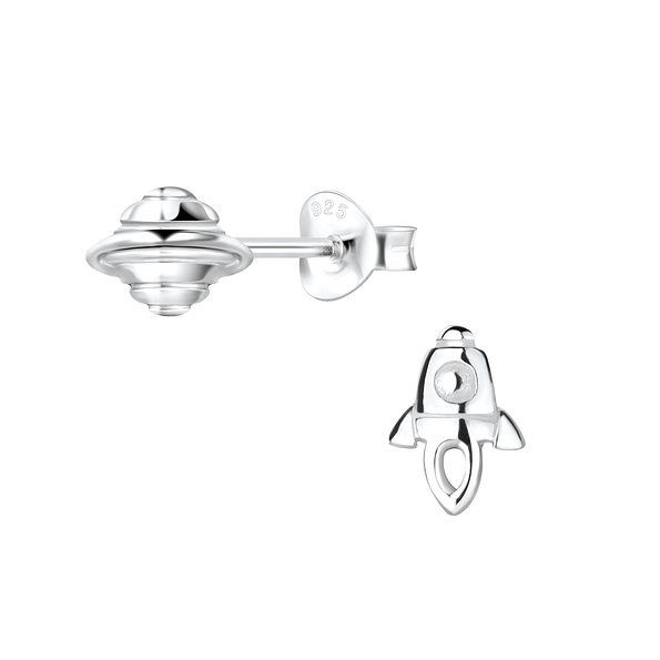 Silver Rocket and Saturn Stud Earrings - 8405