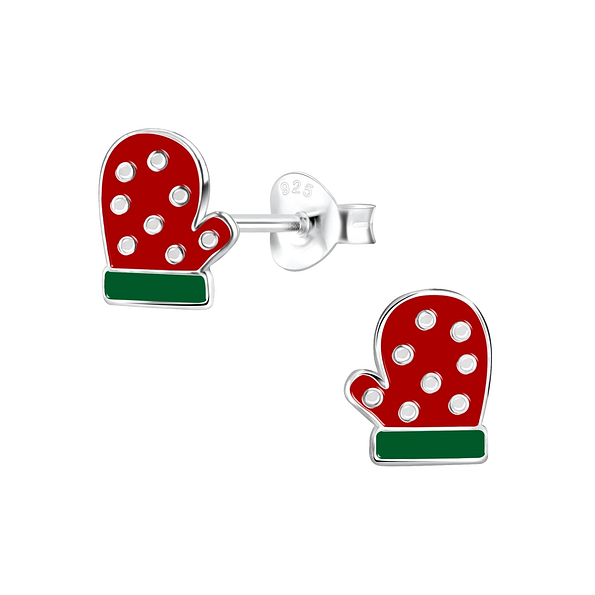 Silver Christmas Glove Stud Earrings - 8430