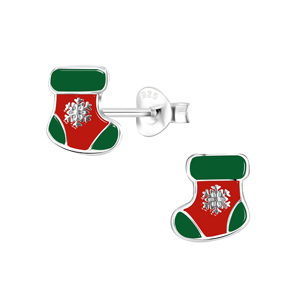Silver Christmas Stocking Stud Earrings - 8435