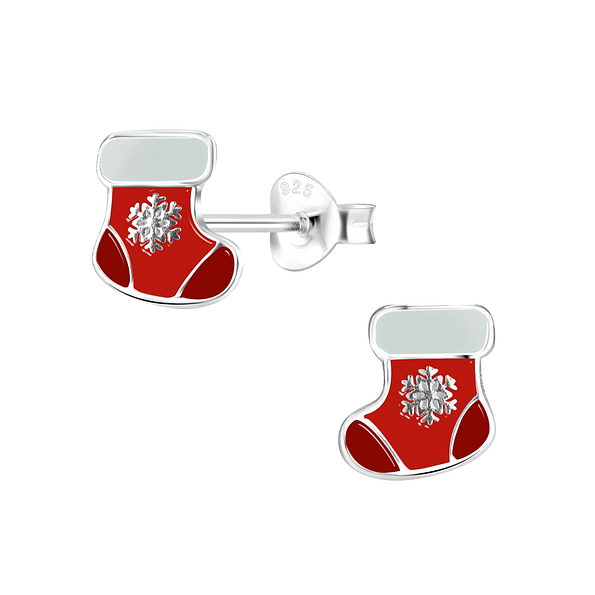 Silver Christmas Stocking Stud Earrings - 8434