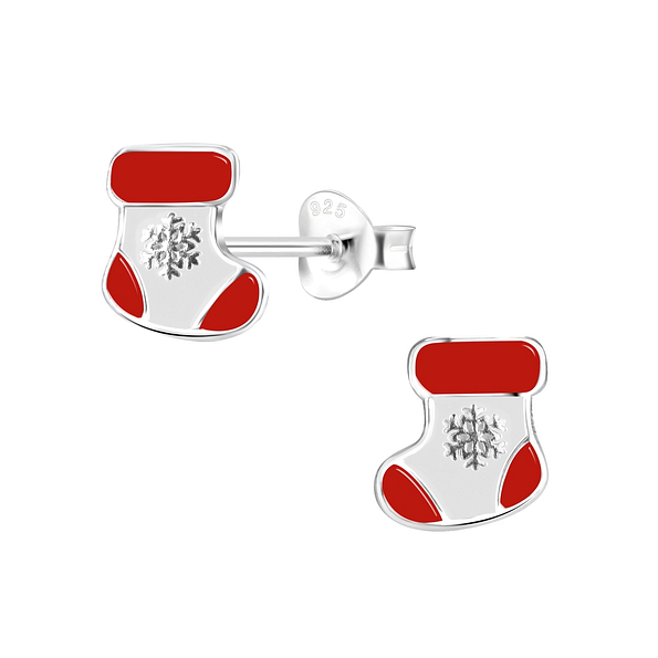Silver Christmas Stocking Stud Earrings - 8433
