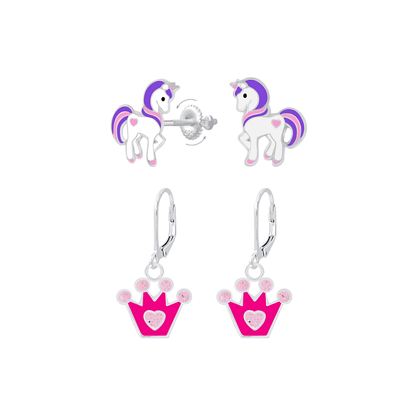 Silver Unicorn and Crown Earrings Set - 8391 Silver Unicorn and Crown Earrings Set - 8391