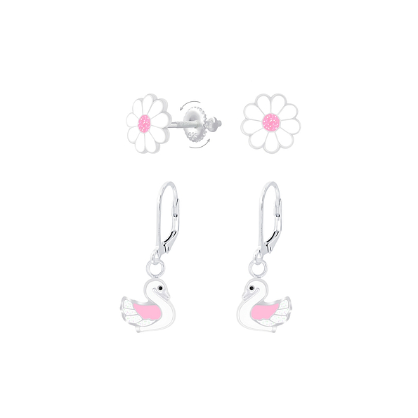 Silver Flower and Swan Earrings Set - 8393
