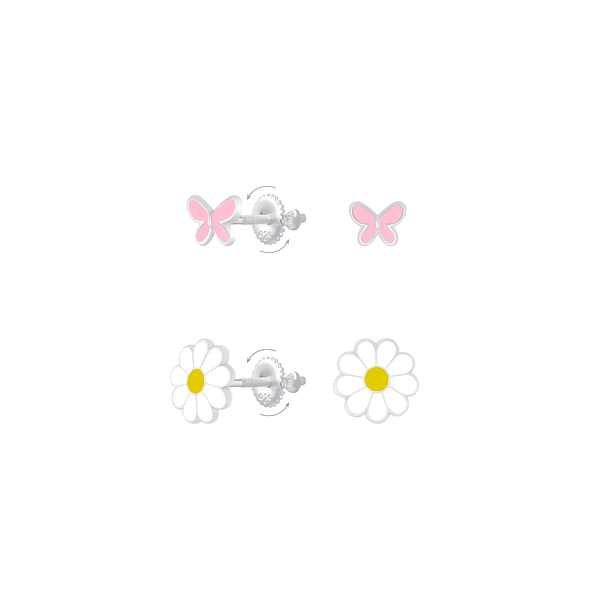 Silver Butterfly and Flower Screw Back Earrings Set - 8383