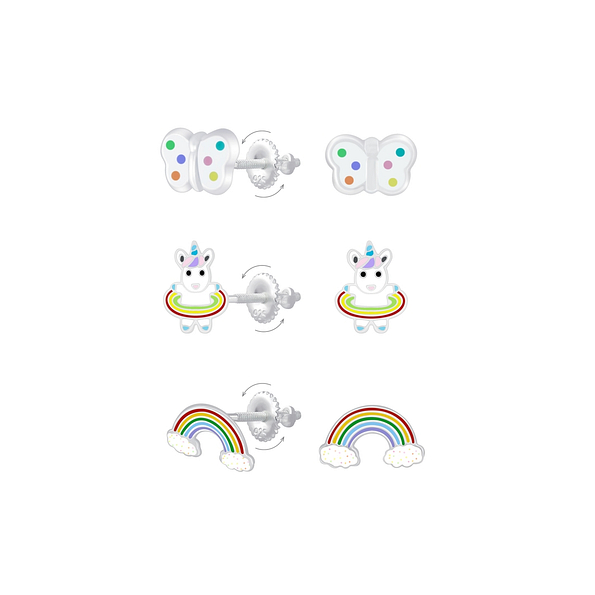 Silver Rainbow Screw Back Earrings Set - 8402 Silver Rainbow Screw Back Earrings Set - 8402