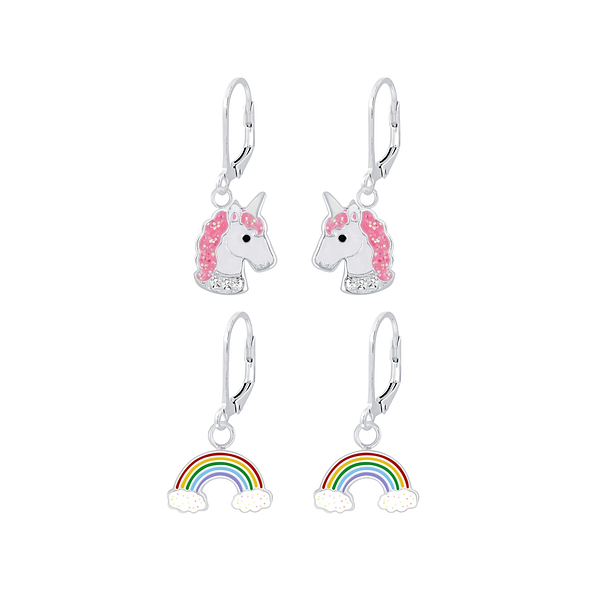 Silver Unicorn and Rainbow Lever Back Earrings Set - 8378