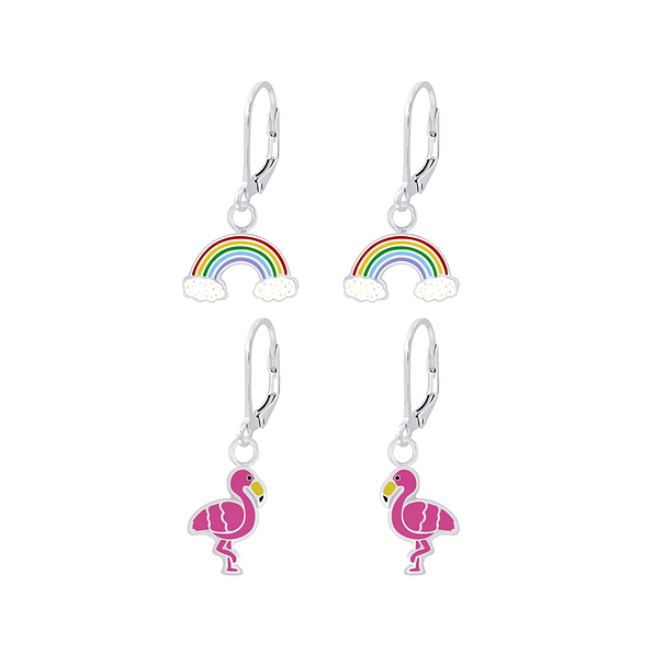 Silver Rainbow and Flamingo Lever Back Earrings Set - 8379