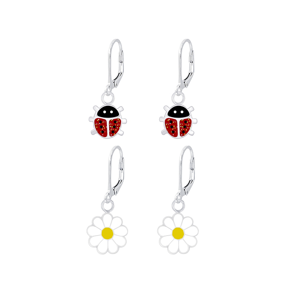 Silver Ladybug and Flower Lever Back Earrings Set - 8380