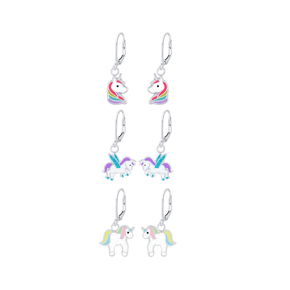 Silver Unicorn Lovers Lever Back Earrings Set - 8398