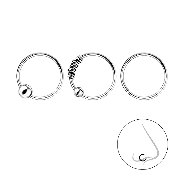 10mm Silver Nose Ring Set - Pack of 3 - 7825