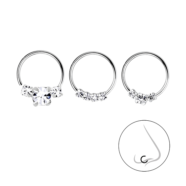 10mm Silver Crystal Nose Ring Set - Pack of 3 - 7836 10mm Silver Crystal Nose Ring Set - Pack of 3 - 7836
