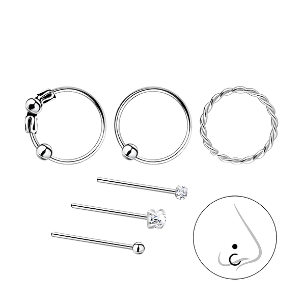 Silver Mixed Nose Jewelry Set – Pack of 6 - 7838