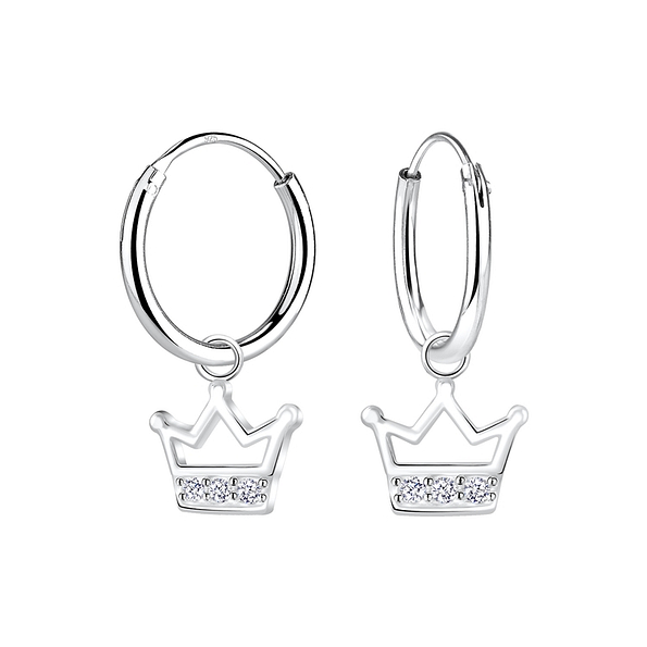 Silver Crown Charm Hoop Earrings - 8304