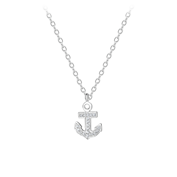 Silver Cubic Zirconia Anchor Necklace - 8592