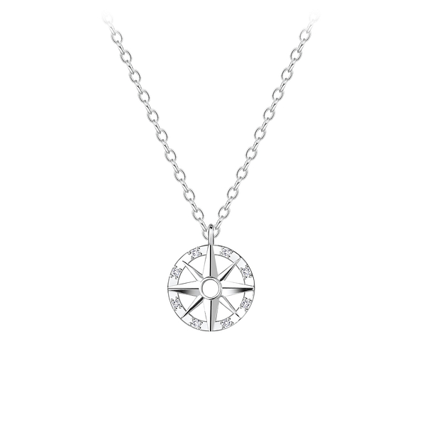 Silver Cubic Zirconia Compass Necklace - 8600