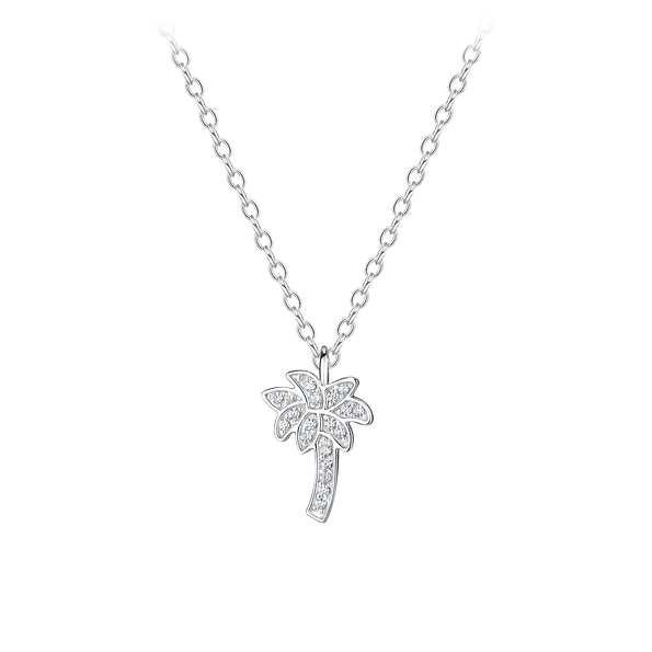 Silver Cubic Zirconia Palm Tree Necklace - 8601