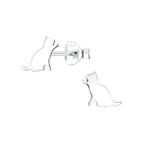 Silver Cat Stud Earrings - 8680