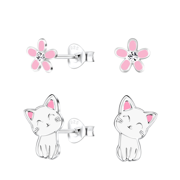Silver Cat and Flower Stud Earrings Set - 8672