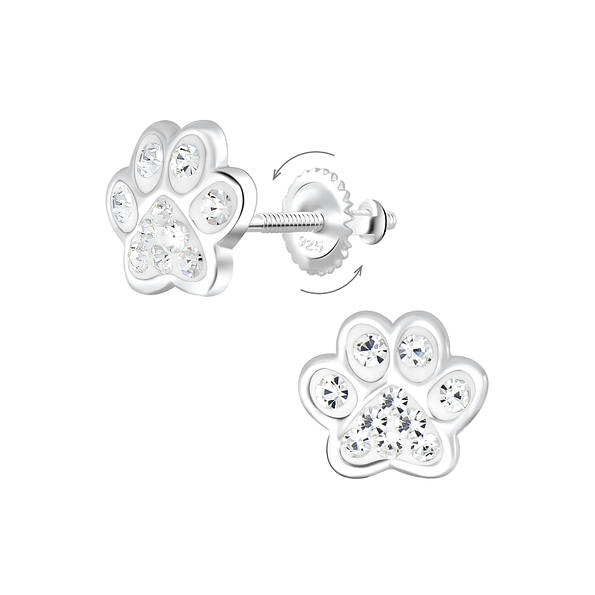 Silver Paw Print Crystal Screw Back Earrings - 6233