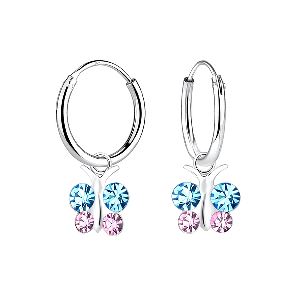 Silver Butterfly Crystal Charm Hoop Earrings - 8692 Silver Butterfly Crystal Charm Hoop Earrings - 8692